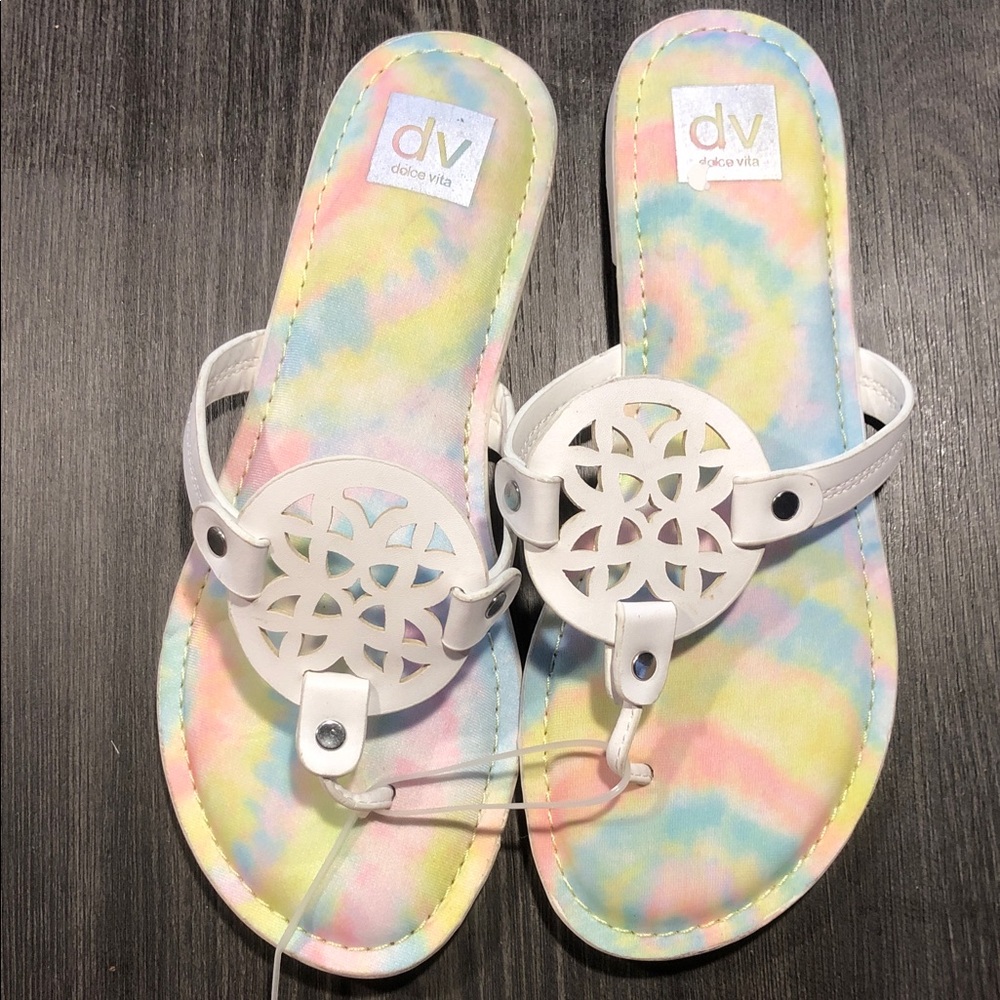 DV by Dolce Vita White Thong Sandals with Pastel Tie-Dye Footbed